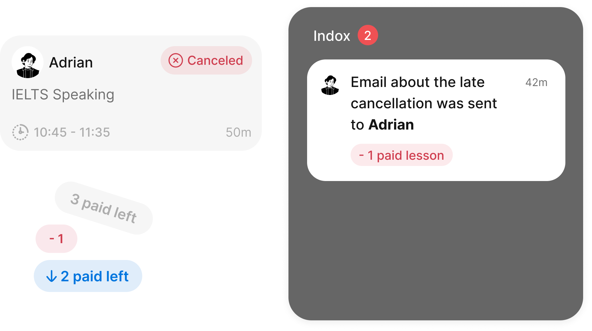 Late cancellation? Charged automatically. Student notified. You didn't lift a finger.