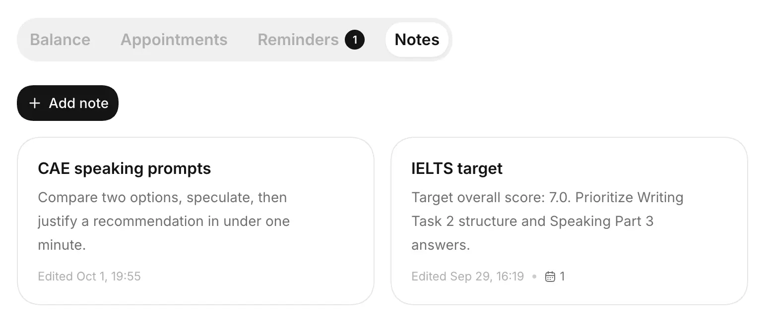 Client portal with pinned notes and shared links