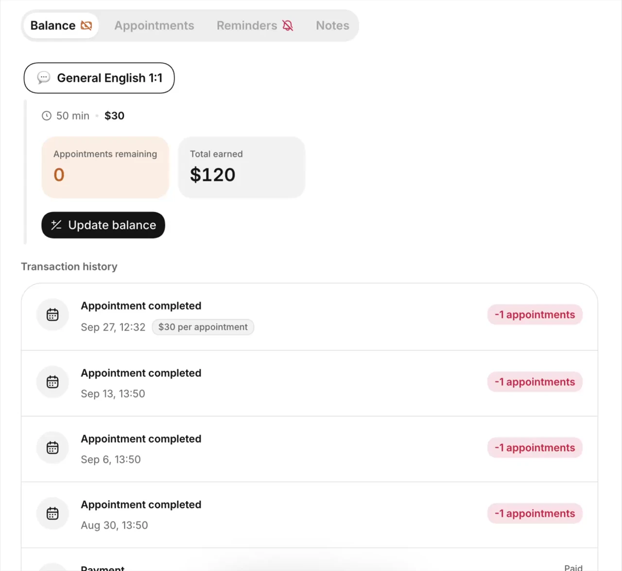 Client balance and payment history in VerseUp